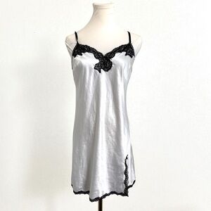 Vintage Silver Satin Slip Dress Black Lace Trim Whimsigoth Coquette Lingerie M
